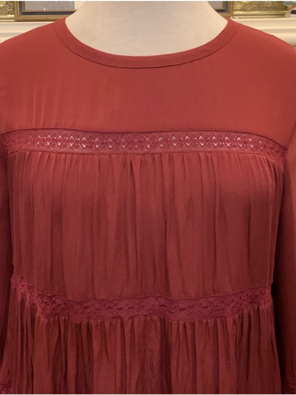 Ro & De Rust Red Pleated Lace Yoke Blouse